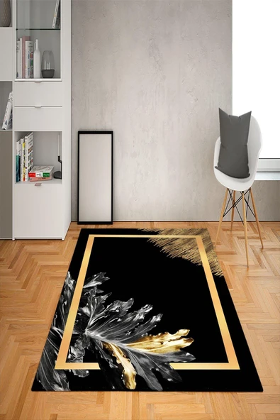 Kaymaz Tabanlı Yıkanabilir Çerçeveli Dekoratif Desenli Dot Taban Halı Siyah-Gold 200 X 300