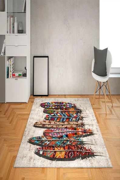 Kaymaz Tabanlı Yıkanabilir Tüy Desenli Dot Taban Halı RENKLİ 80 X 150