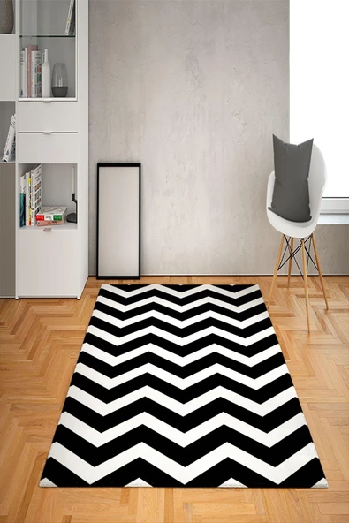Kaymaz Tabanlı Yıkanabilir Zigzag Desenli Dot Taban Halı SİYAH-BEYAZ 160 X 230