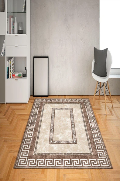 Kaymaz Tabanlı Yıkanabilir Ortası Çerçeve Desenli Dot Taban Halı KREM-KAHVE 100 X 300