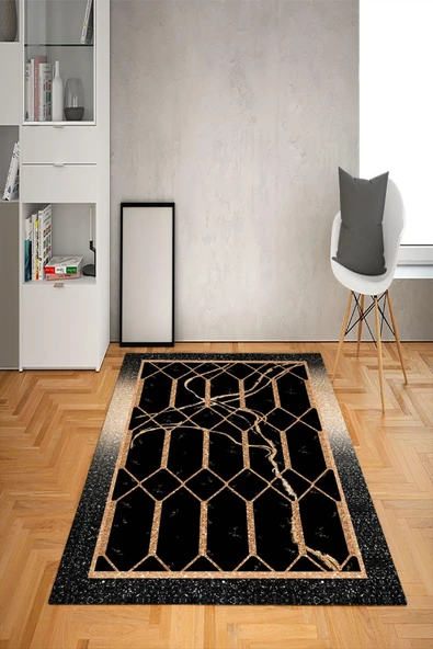 Kaymaz Tabanlı Yıkanabilir Dekoratif Desenli Dot Taban Halı Siyah-Gold 200 X 300