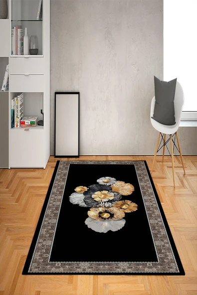 Kaymaz Tabanlı Yıkanabilir Çerçeve Çiçek Desenli Dot Taban Halı RENKLİ 160 X 230