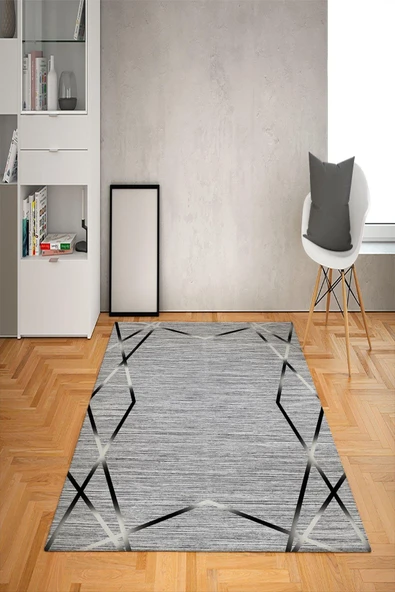 Kaymaz Tabanlı Yıkanabilir Dekoratif Desenli Dot Taban Halı GRİ 80 X 200