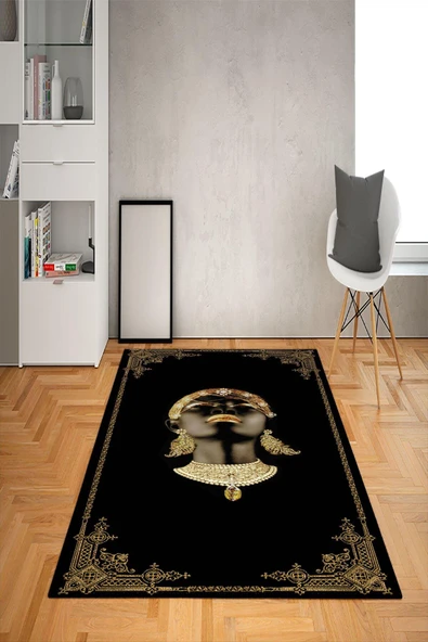 Kaymaz Tabanlı Yıkanabilir Çerçeve Siyahi Kadın Desenli Dot Taban Halı Siyah-Gold 100 X 300