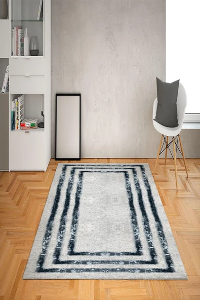 Kaymaz Tabanlı Yıkanabilir Çerçeve Desenli Dot Taban Halı beyaz mavi 80 X 200