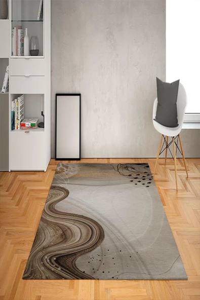 Kaymaz Tabanlı Yıkanabilir Dekoratif Desenli Dot Taban Halı KAHVE 80 X 150