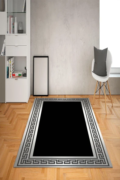 Kaymaz Tabanlı Yıkanabilir Geometrik Çerçeve Desenli Dot Taban Halı SİYAH-GRİ 200 X 300
