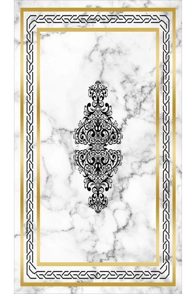 Kaymaz Tabanlı Yıkanabilir Geometrik Çerçeve Desenli Dot Taban Halı Beyaz-Gold 80 X 200 - 2