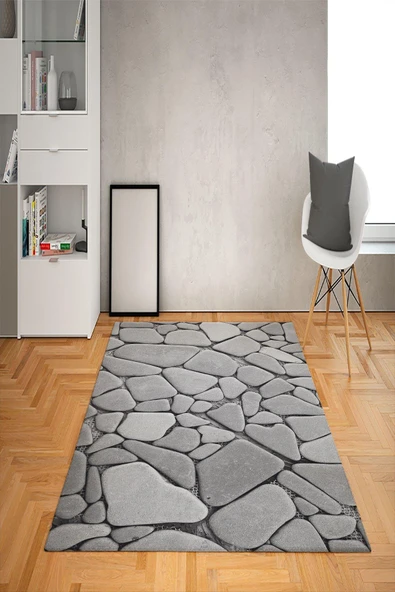 Kaymaz Tabanlı Yıkanabilir Taş Desenli Dot Taban Halı GRİ 200 X 300