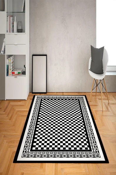 Kaymaz Tabanlı Yıkanabilir Geometrik Desenli Dot Taban Halı SİYAH-BEYAZ 80 X 200
