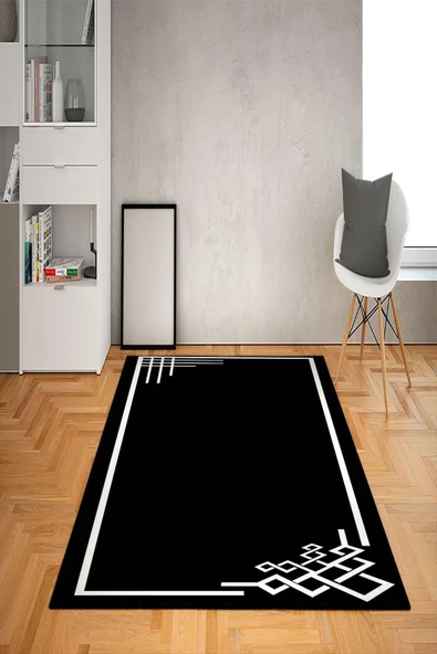 Kaymaz Tabanlı Yıkanabilir Çerçeve Desenli Dot Taban Halı Siyah 120 X 180