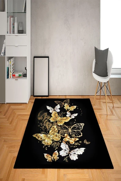 Kaymaz Tabanlı Yıkanabilir Kelebek Desenli Dot Taban Halı Siyah-Gold 200 X 300
