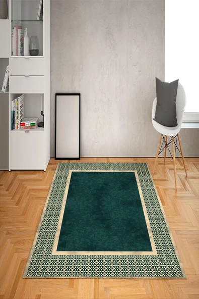 Kaymaz Tabanlı Yıkanabilir Çerçeve Desenli Dot Taban Halı Koyu Yeşil 100 X 200