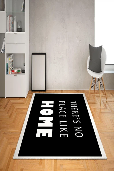 Kaymaz Tabanlı Yıkanabilir Çerçeveli Home Desenli Dot Taban Halı SİYAH-BEYAZ 80 X 300