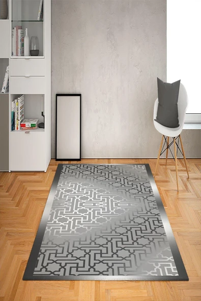 Kaymaz Tabanlı Yıkanabilir Geometrik Desenli Dot Taban Halı GRİ 160 X 230