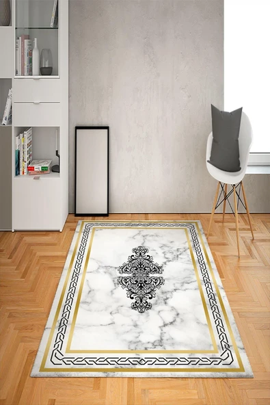 Kaymaz Tabanlı Yıkanabilir Geometrik Çerçeve Desenli Dot Taban Halı Beyaz-Gold 100 X 300