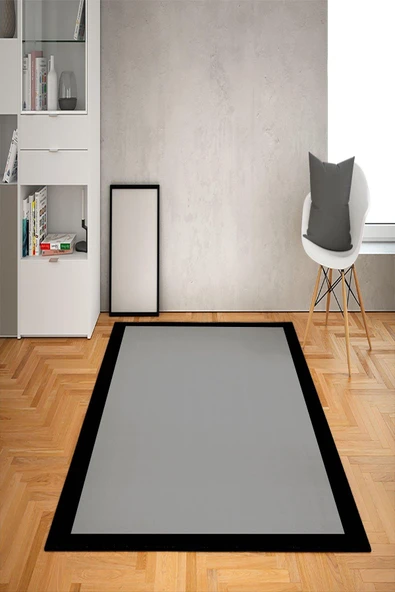 Kaymaz Tabanlı Yıkanabilir Çerçeve Desenli Dot Taban Halı GRİ-SİYAH 100 X 300