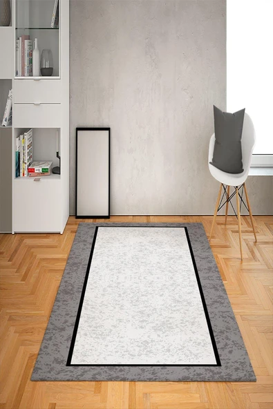 Kaymaz Tabanlı Yıkanabilir Çerçeve Desenli Dot Taban Halı SİYAH-GRİ 140 X 200