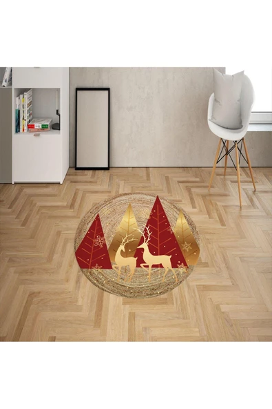 Dijital Baskılı Kaymaz Taban Geyikli Yılbaşı Halısı KAHVERENGİ KIRMIZI 160 X 160