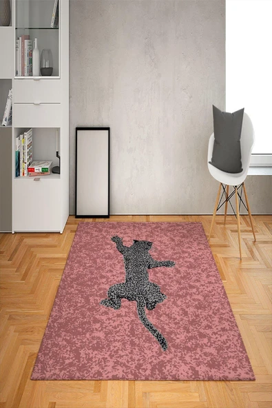 Kaymaz Tabanlı Yıkanabilir Kaplan Desenli Dot Taban Halı PEMBE-SİYAH 100 X 200