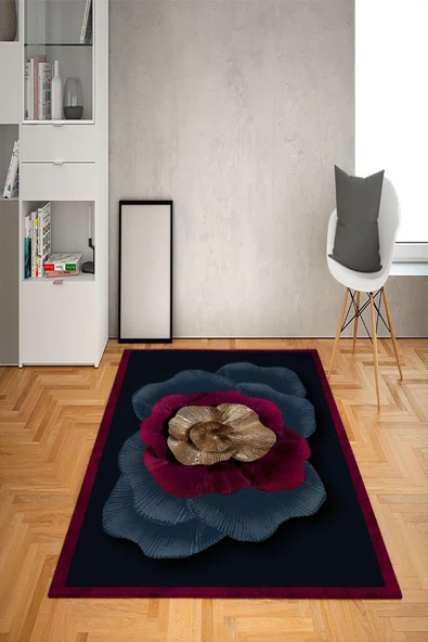 Kaymaz Tabanlı Yıkanabilir Çiçek Desenli Dot Taban Halı RENKLİ 160 X 230