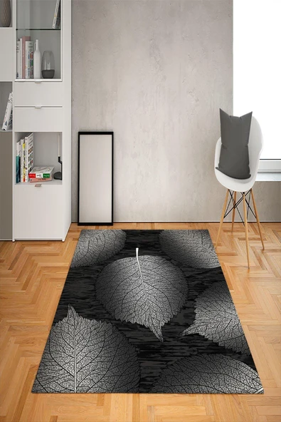 Kaymaz Tabanlı Yıkanabilir Yaprak Desenli Dot Taban Halı GRİ 80 X 300
