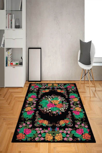 Kaymaz Tabanlı Yıkanabilir Dekoratif Çiçek Desenli Dot Taban Halı RENKLİ 140 X 200