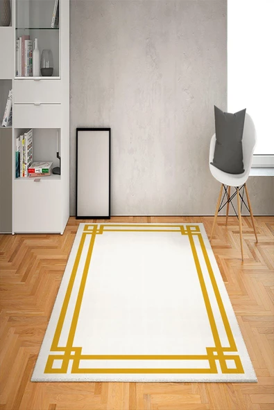 Kaymaz Tabanlı Yıkanabilir Geometrik Çerçeve Desenli Dot Taban Halı Beyaz-Gold 120 X 180