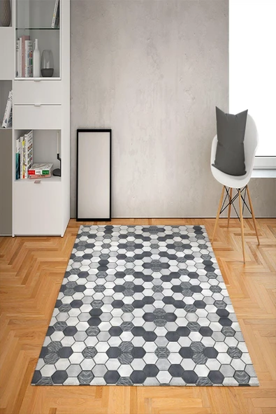 Kaymaz Tabanlı Yıkanabilir Geometrik Desenli Dot Taban Halı SİYAH-BEYAZ 80 X 200