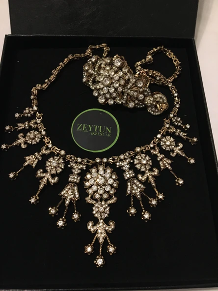 ZEYTUN AKSESUAR ELMAS MONTÜRLÜ GERDANLIK VE BİLEKLİK SETİ - 2