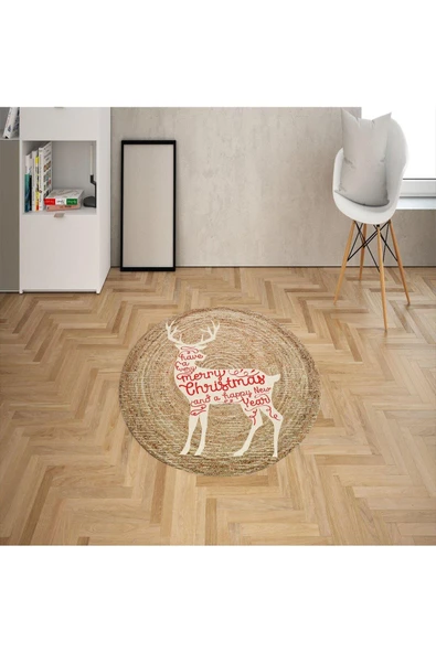 Dijital Baskılı Kaymaz Taban Merry Christmas Yazılı Geyikli Yılbaşı Halısı RENKLİ 160 X 160
