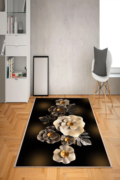 Kaymaz Tabanlı Yıkanabilir Çiçek Desenli Dot Taban Halı Siyah-Gold 80 X 200