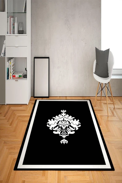 Kaymaz Tabanlı Yıkanabilir Dekoratif Desenli Dot Taban Halı SİYAH-BEYAZ 200 X 300