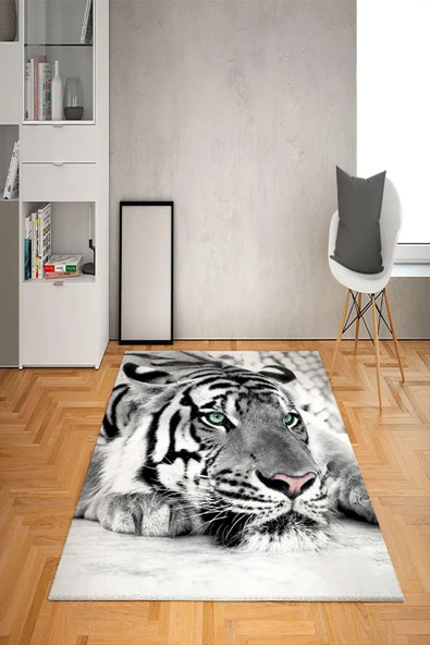 Kaymaz Tabanlı Yıkanabilir Aslan Desenli Dot Taban Halı SİYAH-BEYAZ 160 X 230