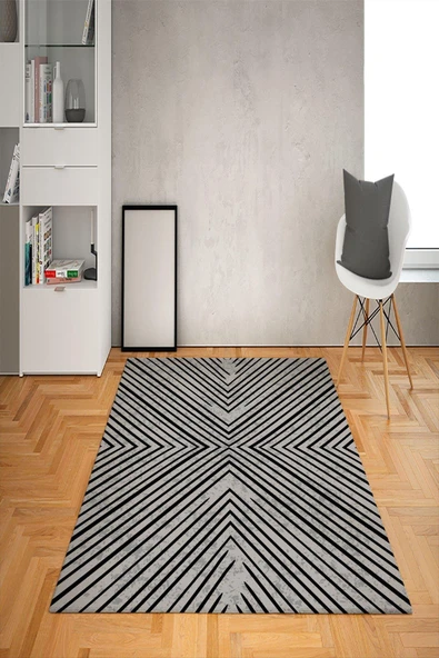 Kaymaz Tabanlı Yıkanabilir Geometrik Desenli Dot Taban Halı GRİ 80 X 300