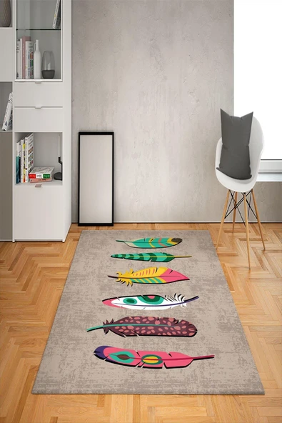Kaymaz Tabanlı Yıkanabilir Tüy Desenli Dot Taban Halı RENKLİ 100 X 300