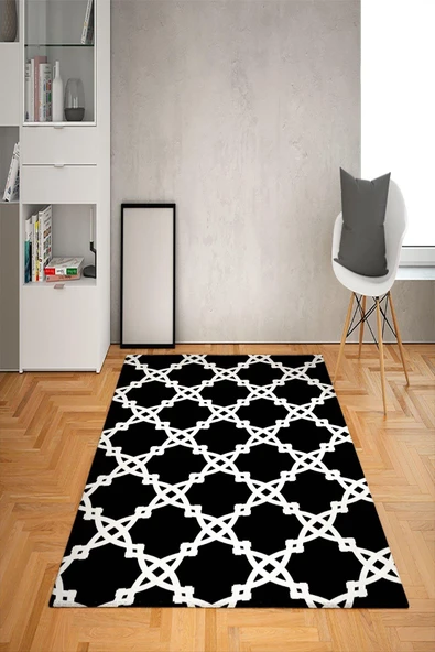 Kaymaz Tabanlı Yıkanabilir Geometrik Desenli Dot Taban Halı SİYAH-BEYAZ 140 X 200