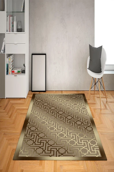 Kaymaz Tabanlı Yıkanabilir Geometrik Desenli Dot Taban Halı Koyu Kahverengi 100 X 200