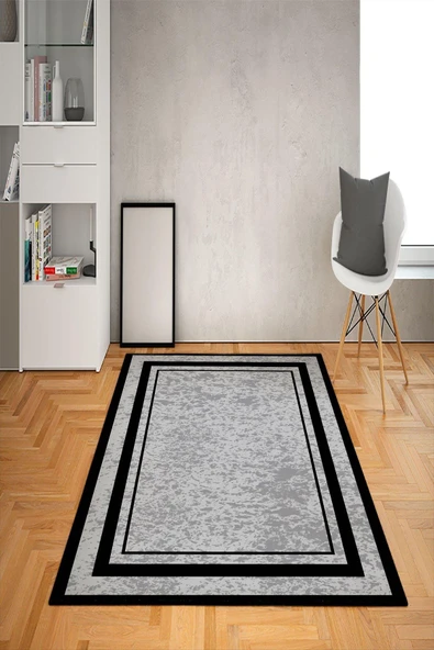 Kaymaz Tabanlı Yıkanabilir Çerçeve Desenli Dot Taban Halı GRİ-SİYAH 120 X 180