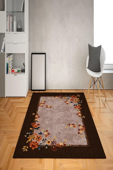 Kaymaz Tabanlı Yıkanabilir Çerçeve Çiçek Desenli Dot Taban Halı KAHVERENGİ 80 X 150