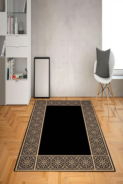 Kaymaz Tabanlı Yıkanabilir Geometrik Çerçeve Desenli Dot Taban Halı Siyah-Gold 80 X 150