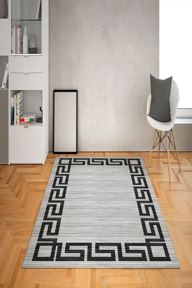 Kaymaz Tabanlı Yıkanabilir Geometrik Çerçeve Desenli Dot Taban Halı GRİ 160 X 230