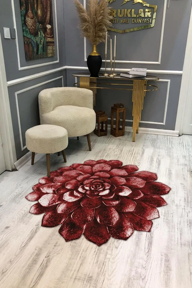 Dijital Baskı Kaymaz Taban Yıkanabilir Kırmızı Çiçek Desenli Lazer Kesim Halı RENKLİ 80 X 80
