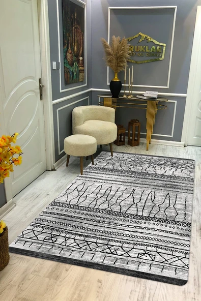 Modern Gri Kilim Desenli Kaymaz Tabanlı Yıkanabilir Leke Tutmaz Dot Taban Halı GRİ 100 X 200