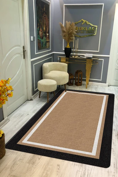 Modern Çerçeveli Hasır Desenli Kaymaz Tabanlı Yıkanabilir Leke Tutmaz Dot Taban Halı KREM-SİYAH 200 X 300