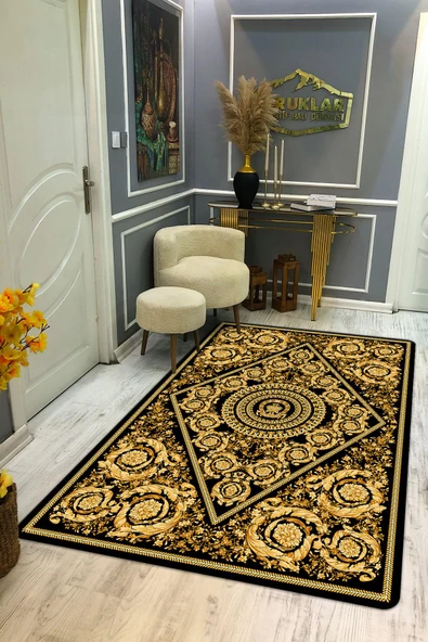 Modern Desenli Kaymaz Tabanlı Yıkanabilir Leke Tutmaz Dot Taban Halı GOLD-SİYAH 100 X 300
