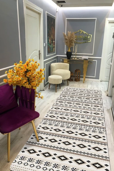 Modern Kilim Desen Kaymaz Tabanlı Yıkanabilir Leke Tutmaz Dot Taban Halı KAHVE-KREM 160 X 230