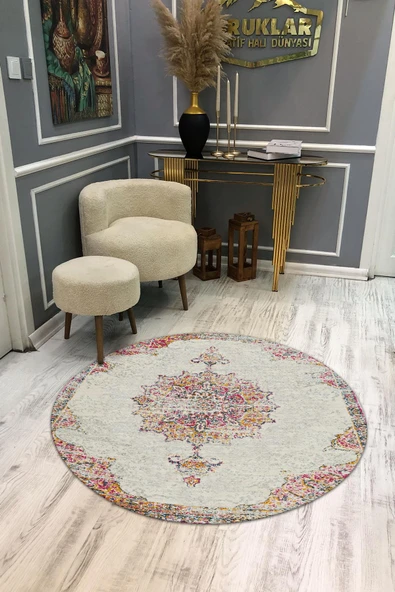 Dijital Baskı Kaymaz Taban Yıkanabilir Dekoratif   Görünümlü Yuvarlak Halı RENKLİ 160 X 160