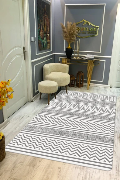 Modern Beyaz Gri Desenli Tabanlı Yıkanabilir Leke Tutmaz Dot Taban Halı GRİ-BEYAZ 200 X 300