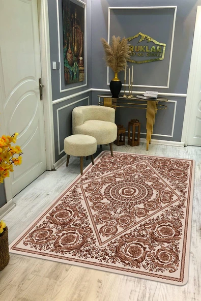 Modern Desenli Kahve Renk Kaymaz Tabanlı Yıkanabilir Leke Tutmaz Dot Taban Halı KAHVE-KREM 120 X 180